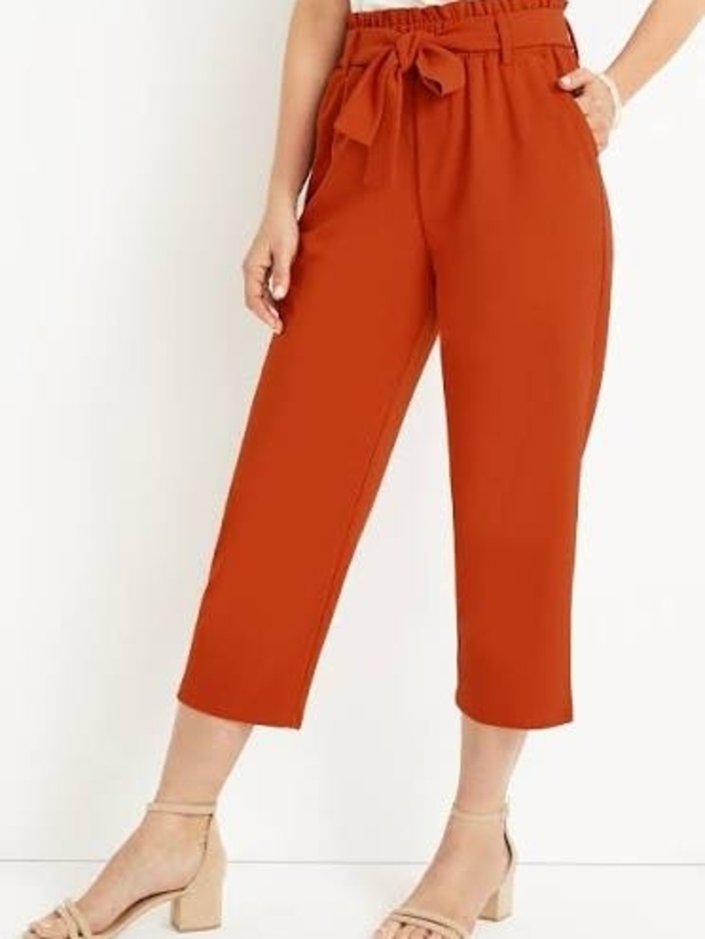 Maurices Tie-Waist Cropped Pants in Rust Orange